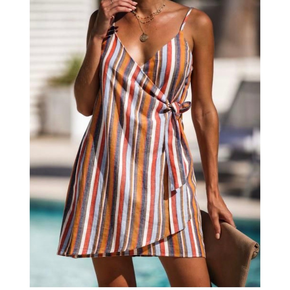 Le Lis Collection Womens Linen Cotton Striped Faux Wrap Mini Dress Orange Blue L